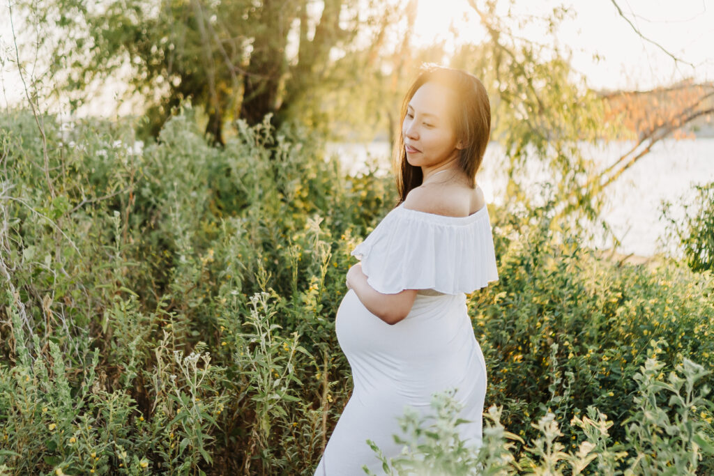 golden hour maternity session in light blue gown at murrell park in flower mound TX
